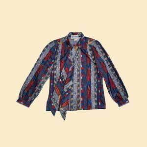 1970s abstract blouse Kevin Stuart, size 10 geometric blue & red button down